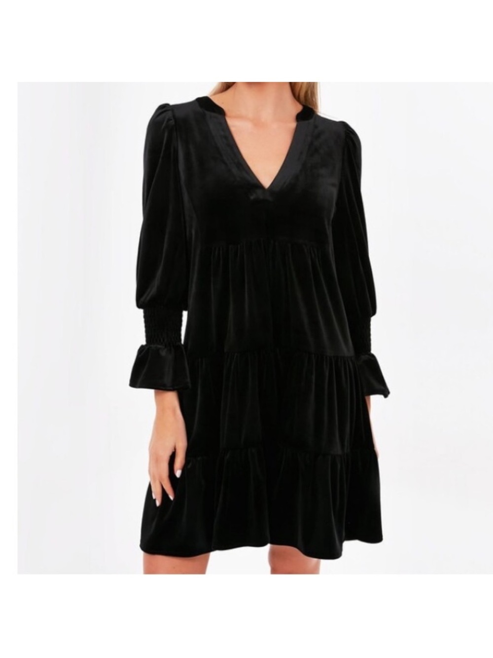 Pomander Place Black Velvet V‑Neck Tiered Mini Dress